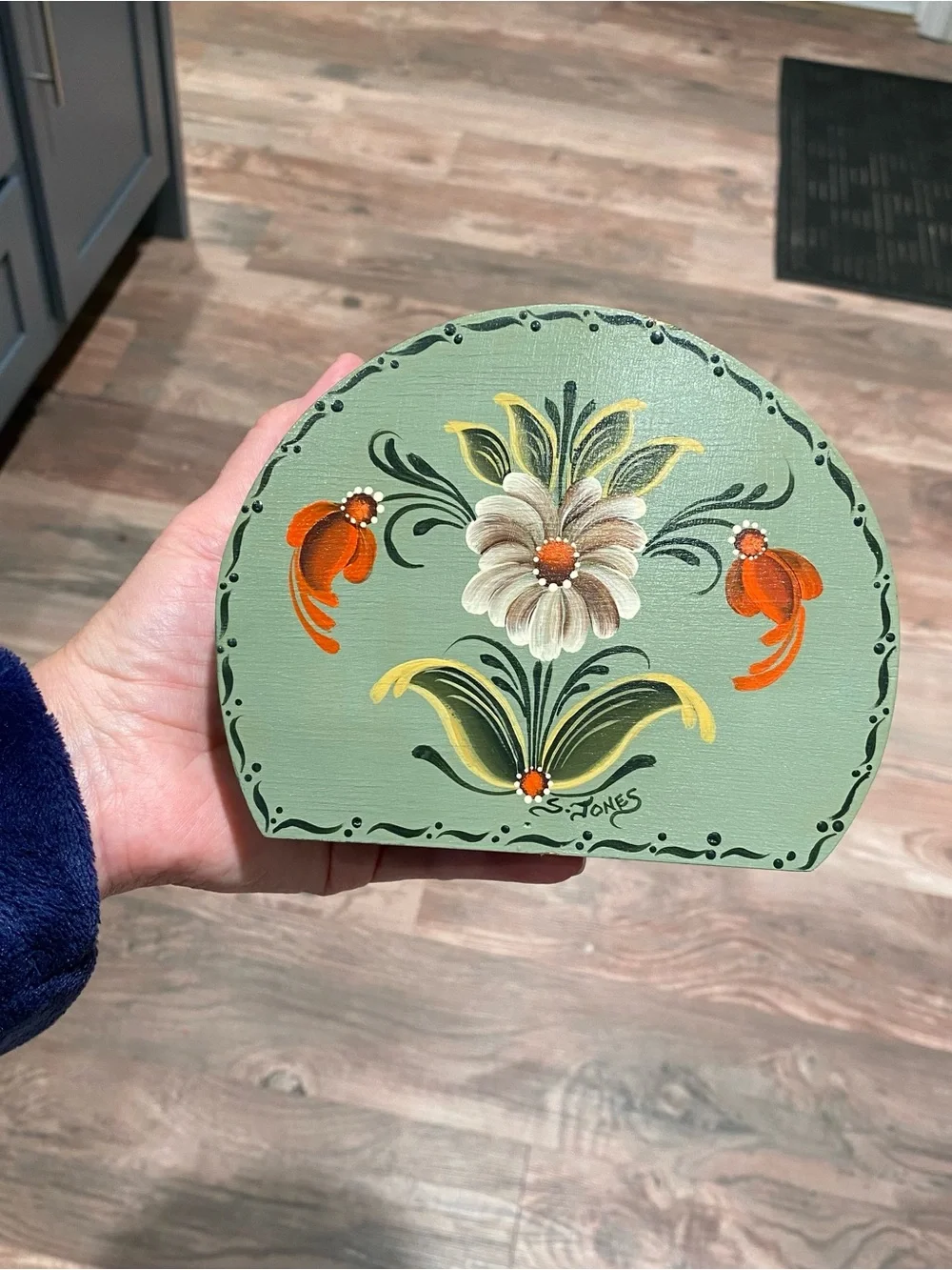 Hand-Painted Folk Art Green Floral Napkin Holder by S. Jones